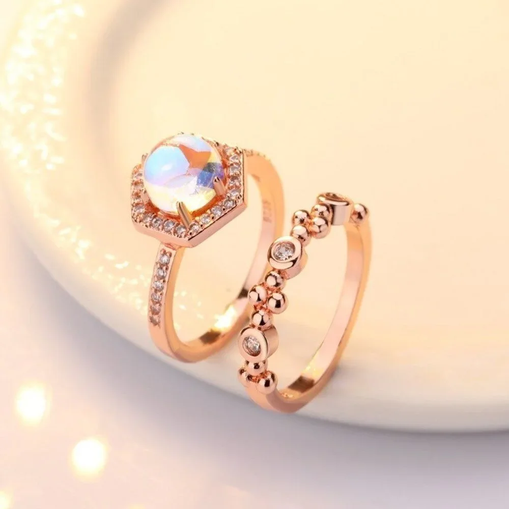 NEW Rose Gold 2pcs/set Hexagonal Opal Ring